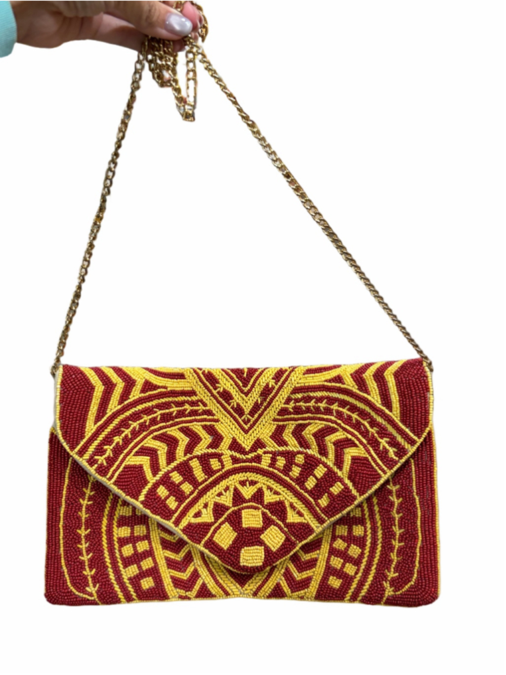 Red Gold Beaded Envelope Clutch Purse Chain Strap Boho Statement Evening Bag